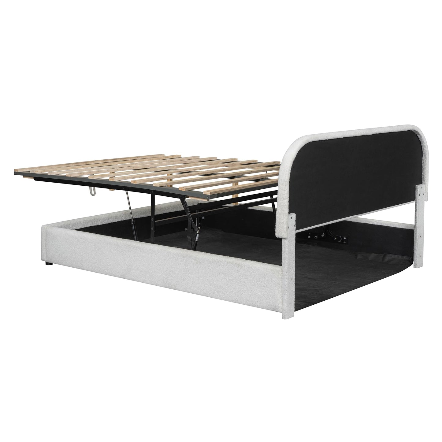 Merax Teddy Fleece Queen Size Upholstered Platform Bed with Hydraulic Storage System, White
