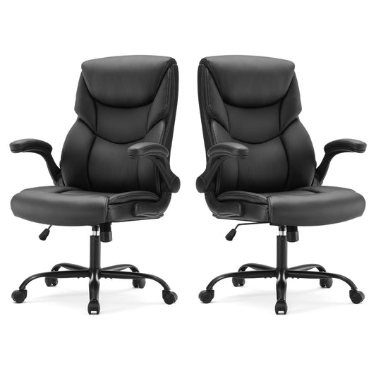 Sweetcrispy Ergonomic Computer Gaming Office Chair Set of 2, Heavy Duty Task Desk Swivel Rolling Chairs with Wheels, Flip-up Arms, Adjustable Height, PU Leather,Inky