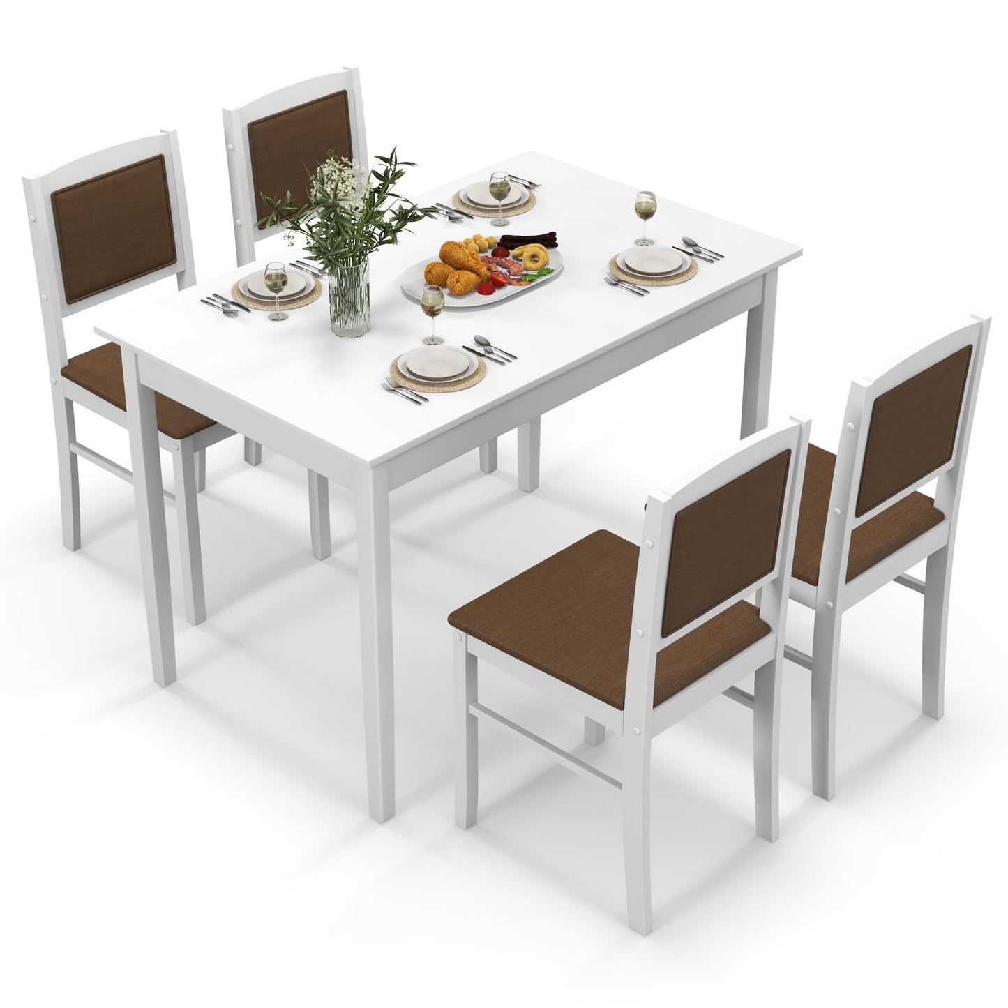Giantex 5-Piece Dining Table Set for 4, Wooden Kitchen Table and Chairs with Solid Rubber Wood Legs, Padded Seat & Backrest, Space Saving Dinette Set for Home Dining Living Room, Breakfast Nook