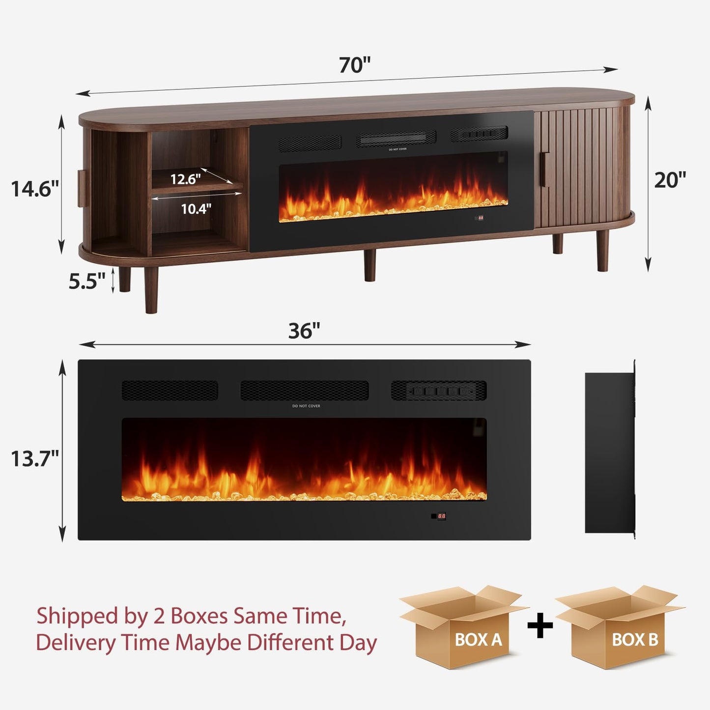 OneBlis 70" Mid Century Modern TV Stand with Fireplace, Fluted Fireplace TV Stand, Entertainment Center with Sliding Door, TV Console with Solid Wood Legs for Living Room, Walnut