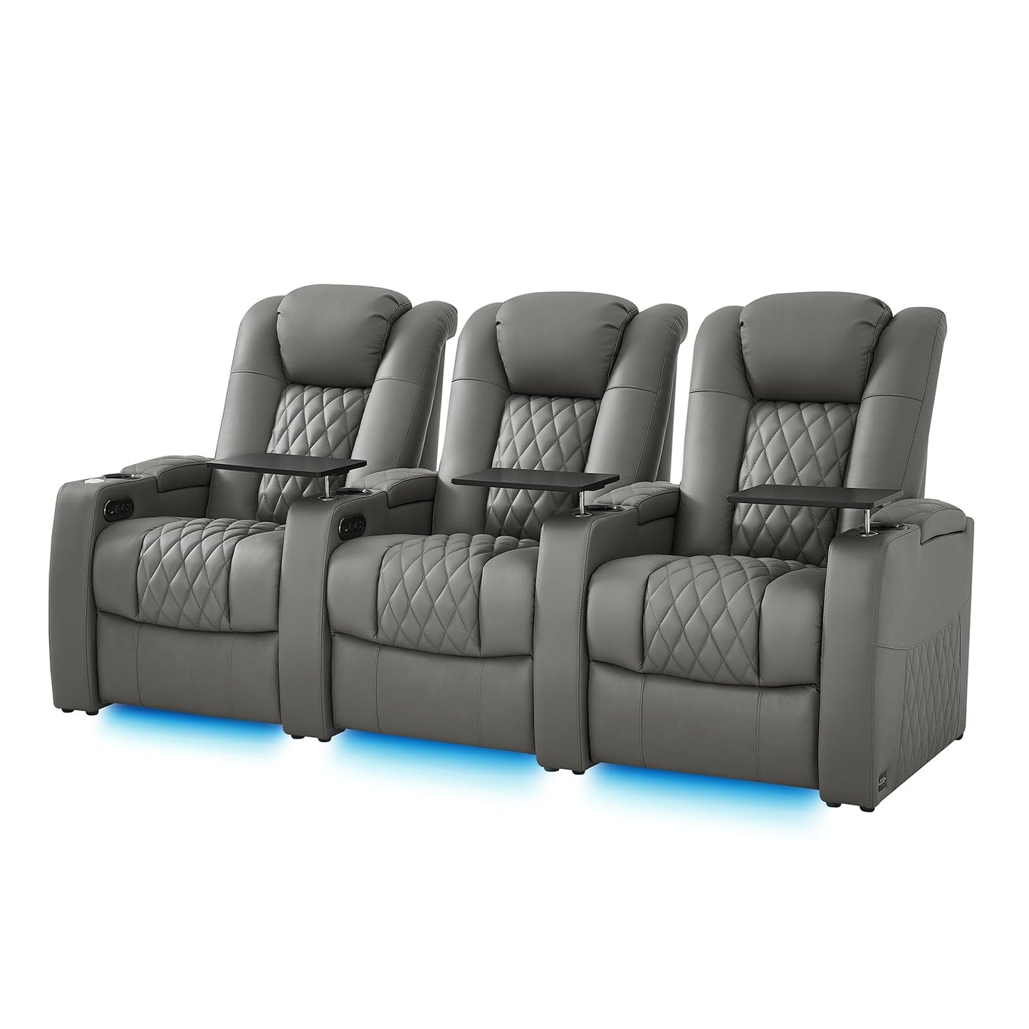 comfiroom Leather Home Theater Seating, Classic Series Dual Power Electric Headrest Game Seats Movie Theater Chairs Recliner Sofa with Type-C USB Charger (Grey, Row of 3)