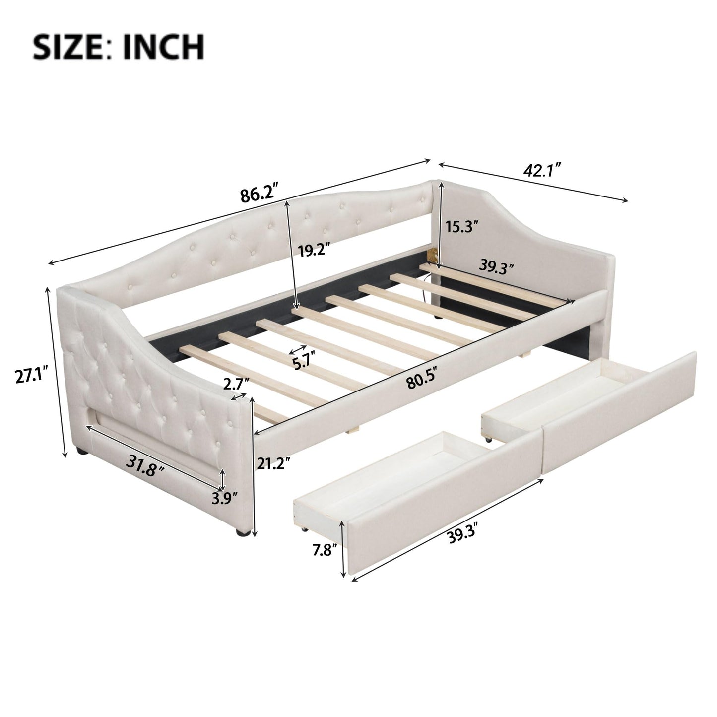 Merax Modern Upholstered Platform Bed Frame with Storage Drawers, Linen Sofa Day Bed, No Box Spring Needed/Easy Assemble/Twin XL, Beige