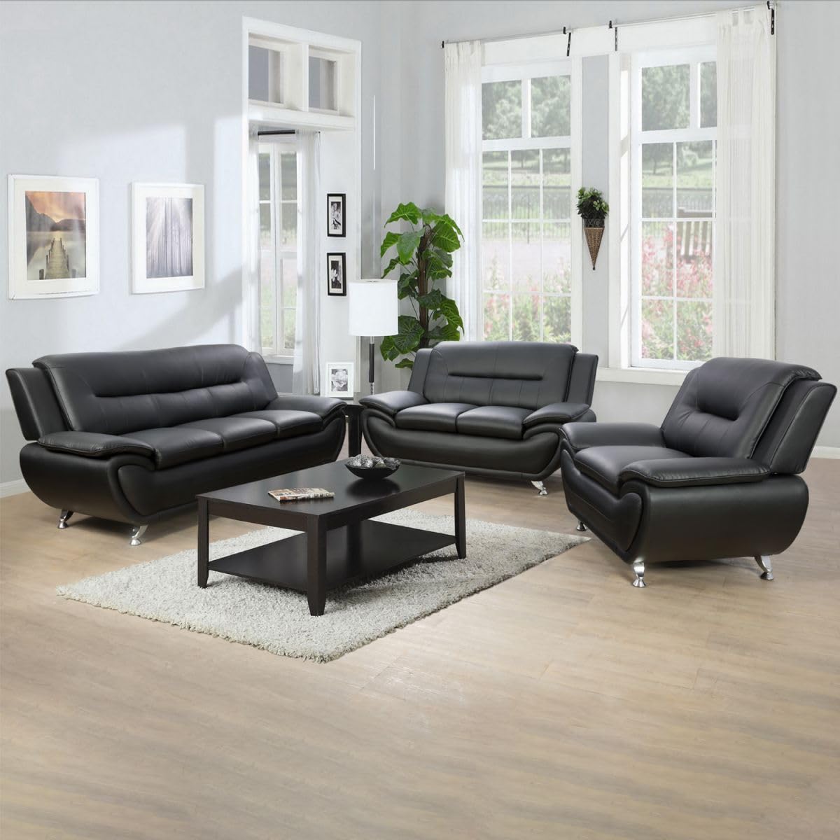 UOCFYK Lounge Comfy Faux Leather Sofa Modern Couch for Small Living Room/Dorm/Bedroom/Office/Apartment for Small Spaces, (Black-2, Three-Person Seat)