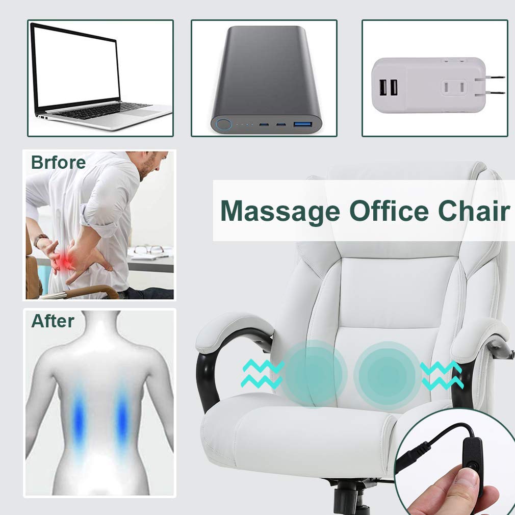 Office Chair Desk Chair Computer Chair with Lumbar Support Headrest Armrest Swivel Rolling PU Leather Task Big and Tall 500lb Wide Seat Massage Ergonomic Chair Adjustable for Adults Women(White)
