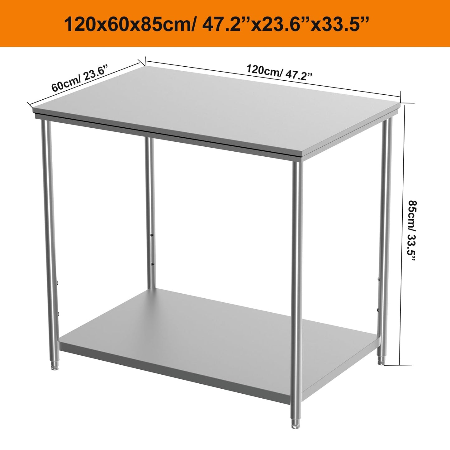 Weejian Stainless Steel Prep Table 48 x 24 x 33.5 Inch, Heavy Duty Commercial Work Table with Adjustable Undershelf, Kitchen Prep Table for Restaurant Bakery Home Workshop Garage