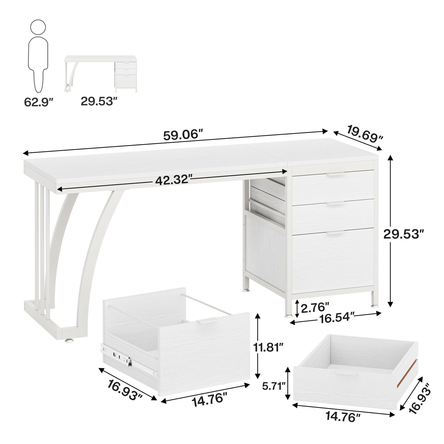 Tribesigns Computer Desk with 3 Drawers, 59-Inch PC Desk with Reversible Drawers, Industrial Study Writing Table Workstation with File Storage for Home Office, White