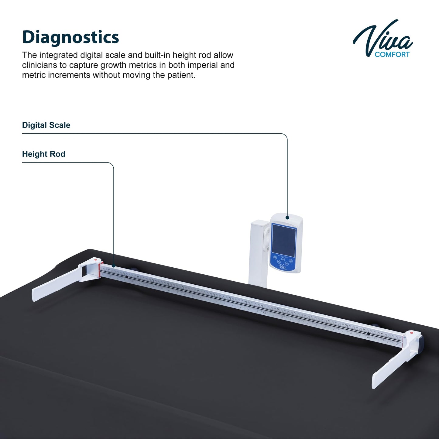 Vivacomfort Grande Pediatric Treatment Scale Table – Child Exam Table with Built-in Baby Scale & Height Rod, 500 lb Weight Capacity, Black