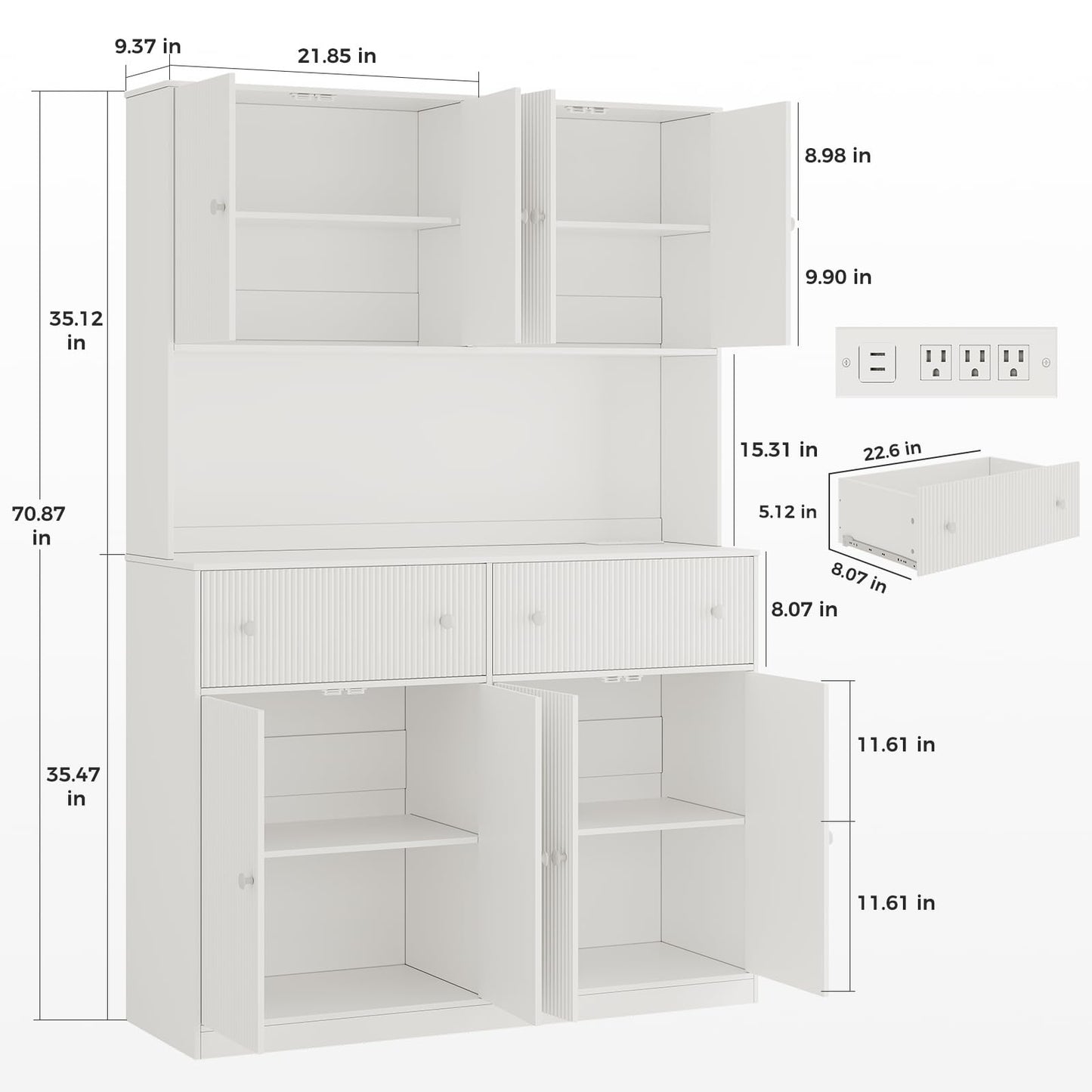 Garvee 47" Fluted Kitchen Pantry Cabinet with Countertop and Charging Station - Tall Pantry Storage Cabinet with 2 Drawers and Adjustable Shelves for Dining Room, Living Room