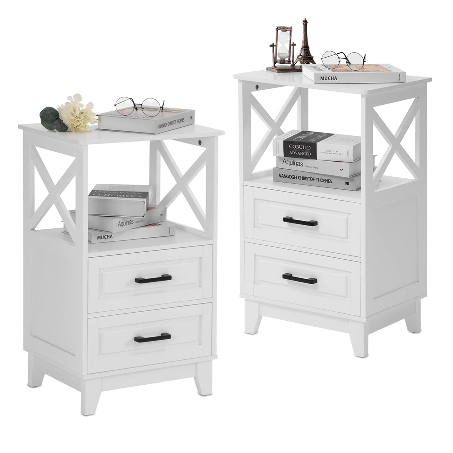 White Nightstand with 2 Storage Drawers Cabinet, Tall End Table with Wooden X-Design for Bedroom,Living Room, White