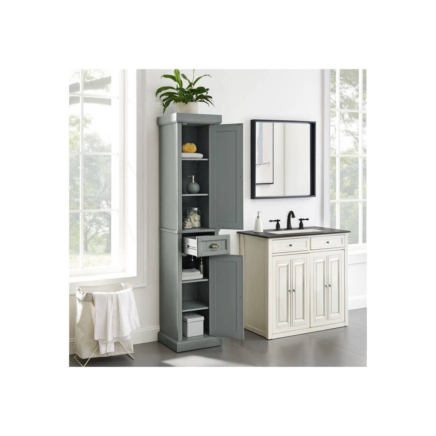 Crosley Furniture Seaside Tall Linen Storage Cabinet and Bathroom Organizer with a Drawer and Shelves, Distressed Gray
