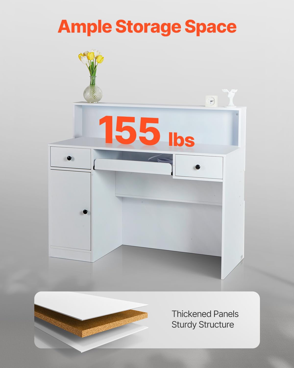 VEVOR Reception Desk, 47 Inch Rectangular Front Counter Table, Office Reception Desk with LED Light, 2 Drawers and Power Outlets, for Checkout, Lobby, Beauty Salon and Office, White