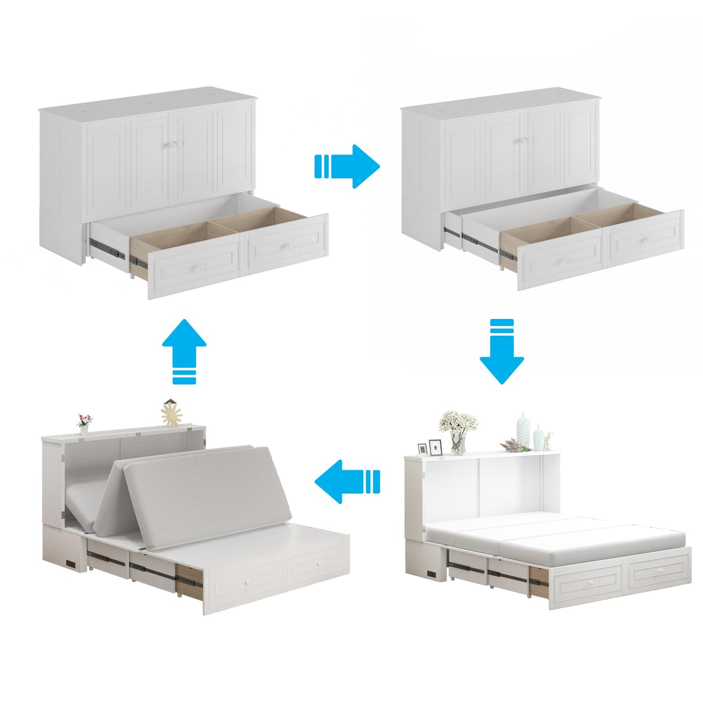 Mjkone Queen Size Murphy Bed Cabinet with Tri-Folding Mattress Included, Chest Cabinets Bed with USB Charging Station, Wall Beds with Storage Drawers for Guest Bedroom Apartment Office, White