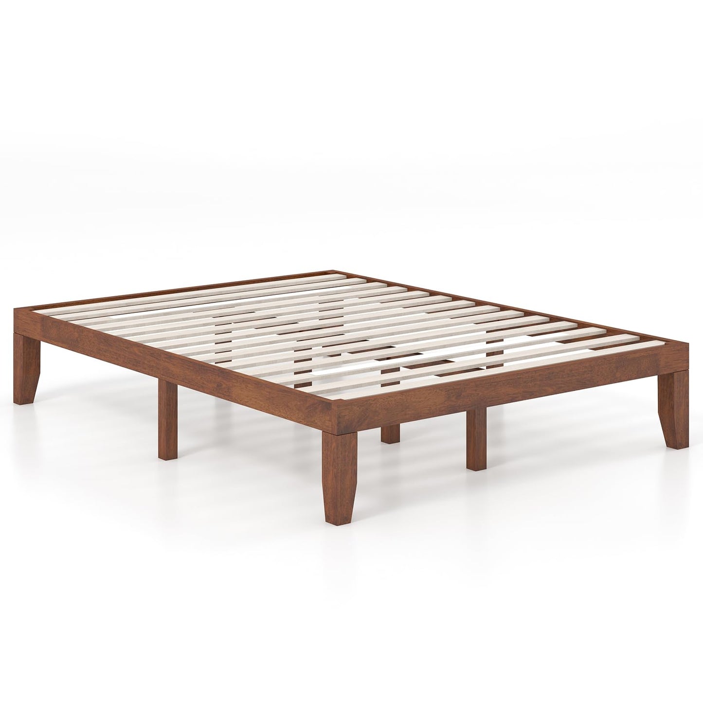 KOMFOTT 14 Inches Wood Platform Bed Frame Queen Size, Wooden Mattress Foundation with Rubber Wood Frame, Strong Wooden Slat Support, No Box Spring Needed, Bed Frame (Brown Cherry)