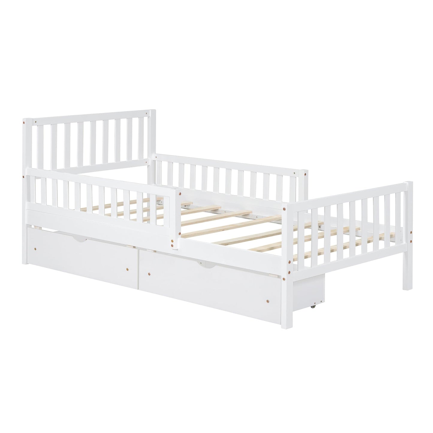 Merax Twin Size Platform Bed with 2 Storage Drawers and Both Sides Guardrails, Wood Bed Frame for Bedroom, Guest Room, No Box Spring Needed, White