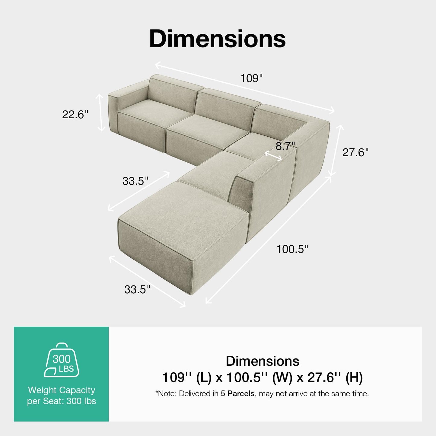 Novilla 109" Modular Sectional Sofa, No Assembly Cloud Sectional Couch with Smarts Coil® Support, Chenille Fabric L Shape Boneless Couch for Living Room Apartment, Beige (L-Arm 4 Seat w/ 1 Ottoman)