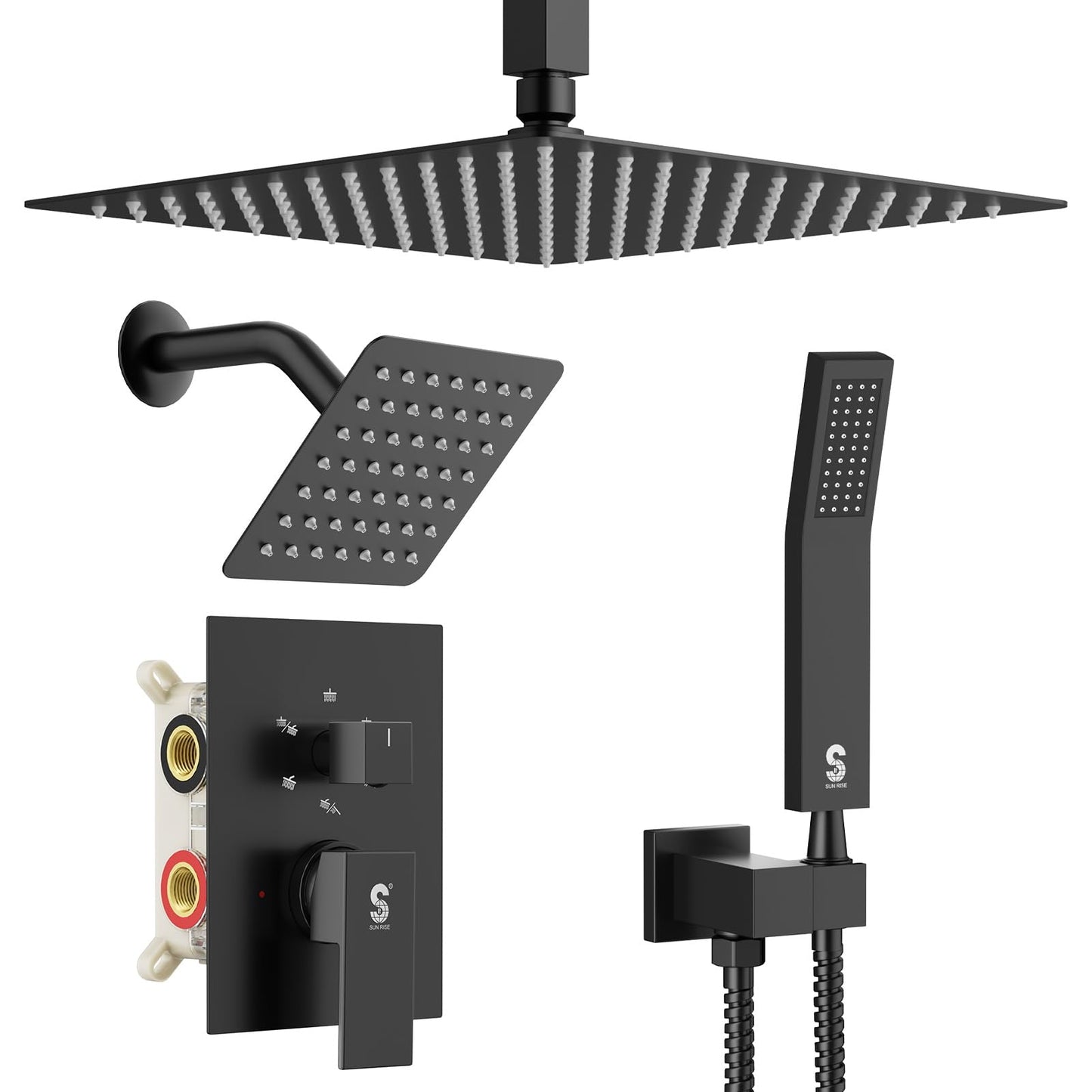 Shower Faucet Set Shower System - SR SUN RISE Matte Black Shower Trim Kit with Dual Shower Head, 12'' Ceiling Rainfall 6'' Wall Mount with Handheld Shower for Couples, Complete 6 Diverter Valve