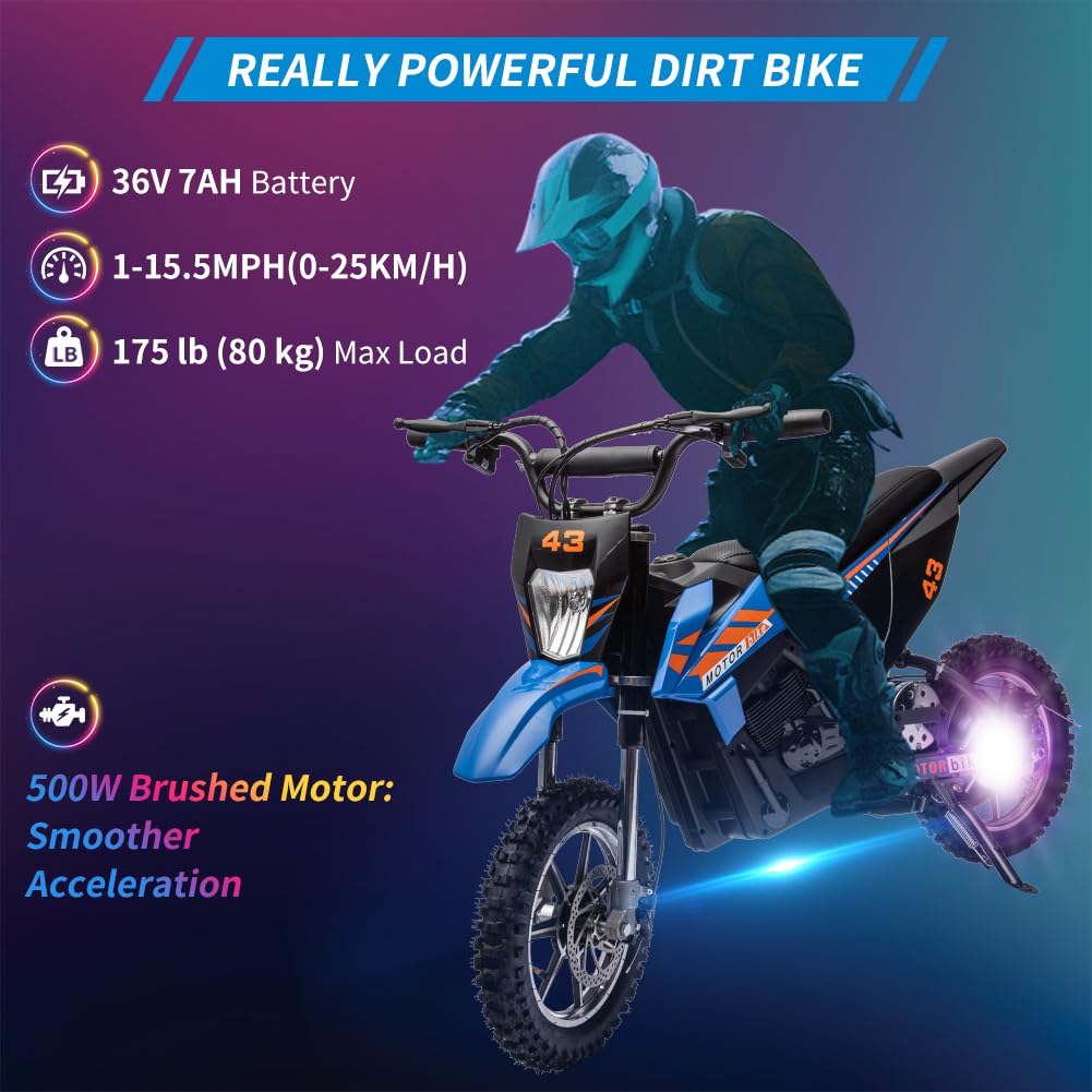 36V Electric Dirt Bike for Kids, Ride on Motorcycle 500W Brushed Motor Variable Speed to 15.5MPH with LED Headlight, Leather Seat,Chain-Driven for Teens Max Load 175lbs,Blue