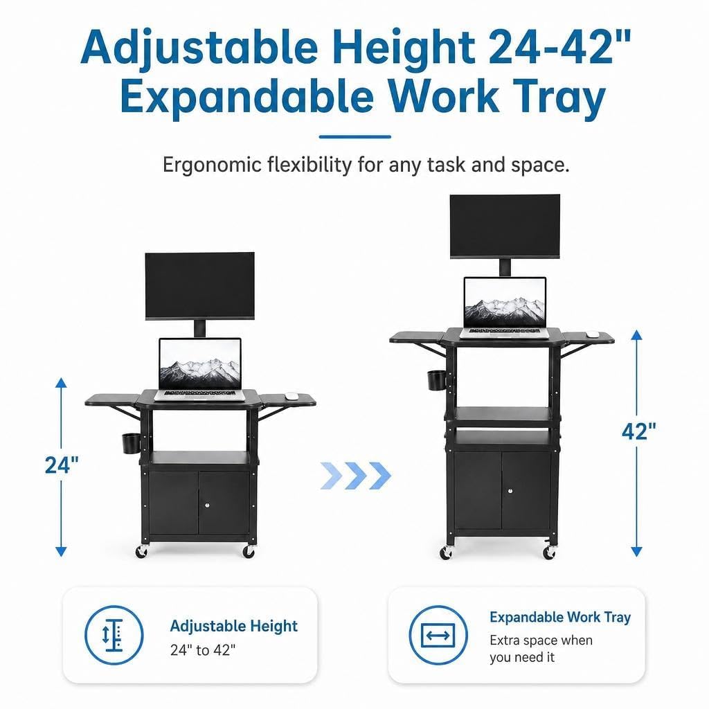 Rolling AV Cart with Locking Cabinet, Laptop Stand, and Drop Leaves, Height Adjustable Mobile Utility Cart Workstation with Extra Storage Space, Power Strip