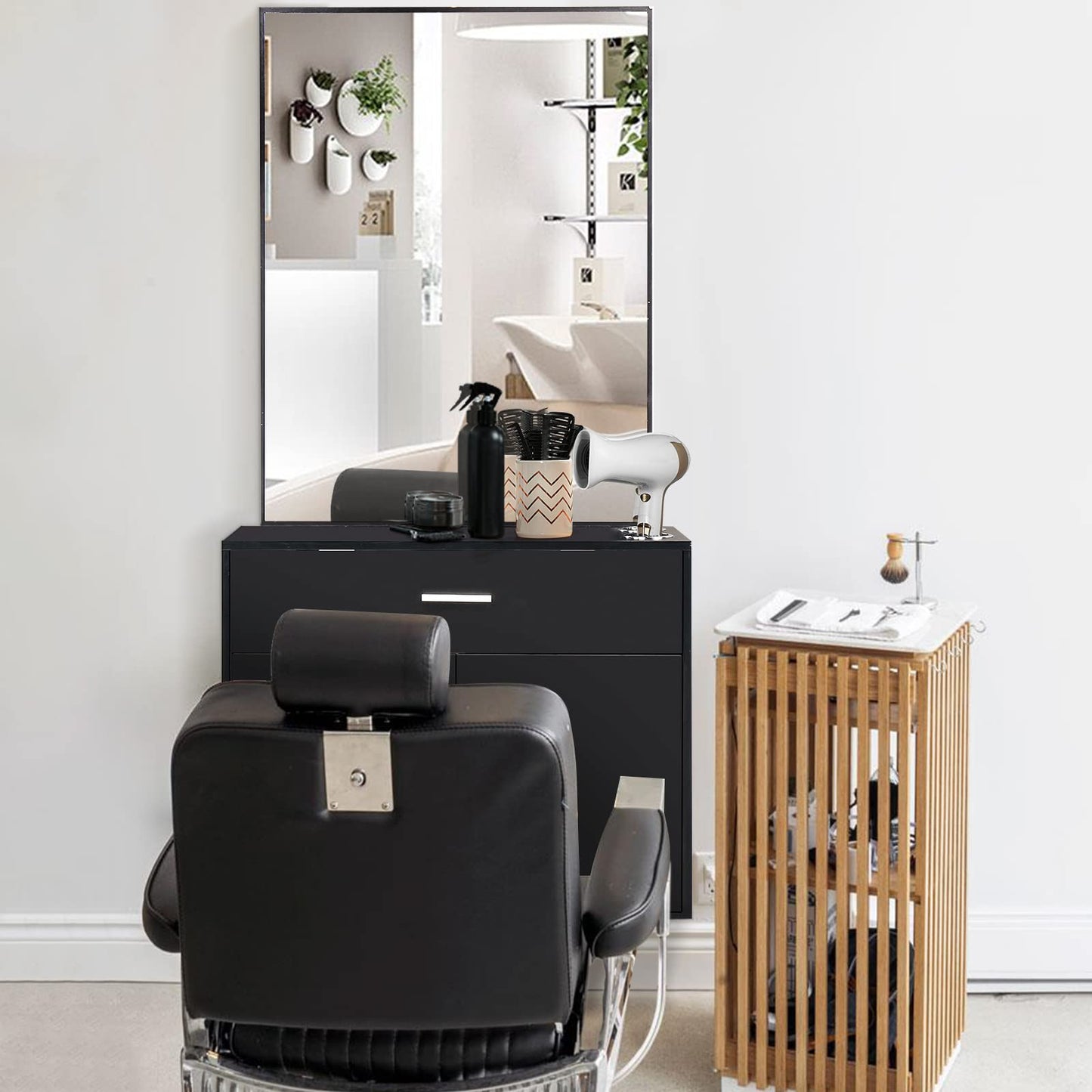 59.4" Black Salon Cabinet Station with Mirror, Beauty Salon Barber Spa Equipment with Mirror, Barber Salon Stations with Mirror, Beauty Salon Barber Spa Equipment with Mirror, Shelves, Cabinet