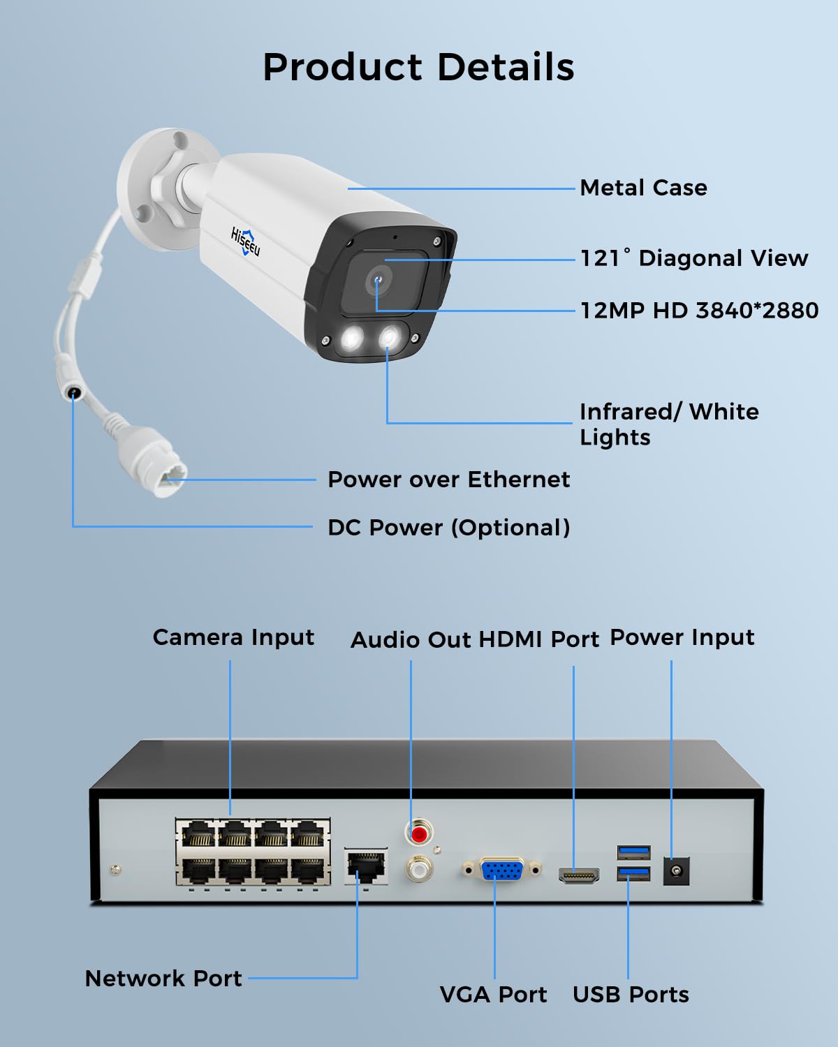 Hiseeu 12MP PoE Security Camera System, 8 Pcs 12MP Security Cameras, 121° Wide View, Person Vehicle Detect, 2-Way Audio, Soptlights Color Night Vision, 16 CH PoE NVR with 4TB HDD for Home Surveillance