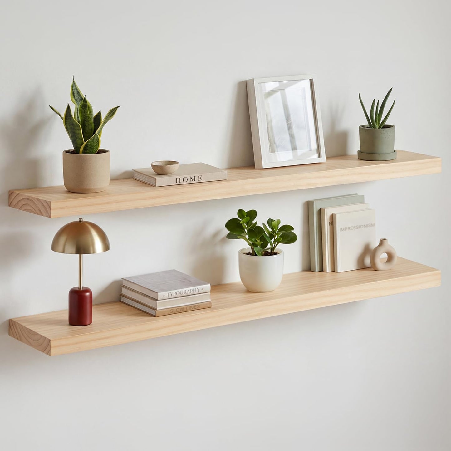 Homeforia 42 inch Natural Floating Shelf, High End Solid Real Wood 42inch Small Floating Shelves for Wall Mounted, Natural Wooden Floating Shelves, Heavy Duty Bracket, 42 X 6.5 X 1.75 in, Set of 2