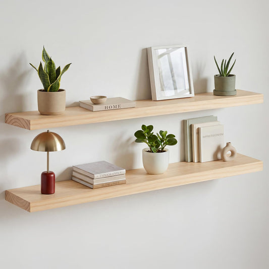Homeforia 42 inch Natural Floating Shelf, High End Solid Real Wood 42inch Small Floating Shelves for Wall Mounted, Natural Wooden Floating Shelves, Heavy Duty Bracket, 42 X 6.5 X 1.75 in, Set of 2