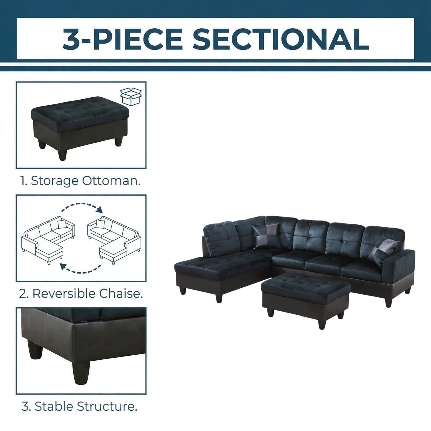 Trygoal 104 inch L-Shape Sofa with Storage Ottoman, Lint Sectional Couch with Left Chaise, Modern 3-Piece Sofa Set, Upholstered Couch Set with Solid Wood Frame for Apartment, Dark Blue Brown
