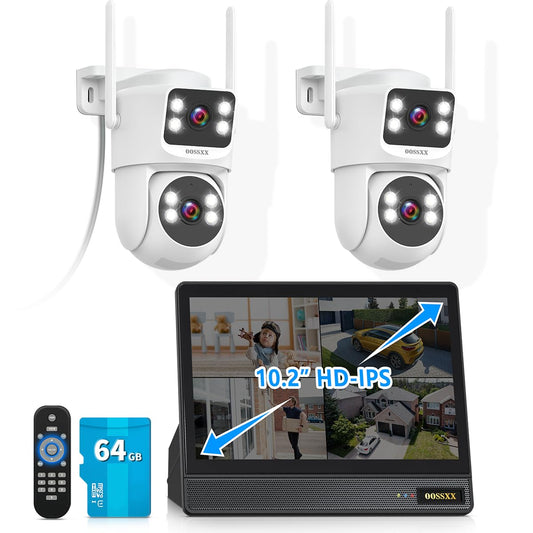 (2026 New) 2K Wireless Security Camera System with 10" Monitor, Dual Lens PT Cameras, 64GB TF Card, 130° Wide Angle, Long Range WiFi +76%, PIR Detection, 2-Way Audio, No Monthly Fee