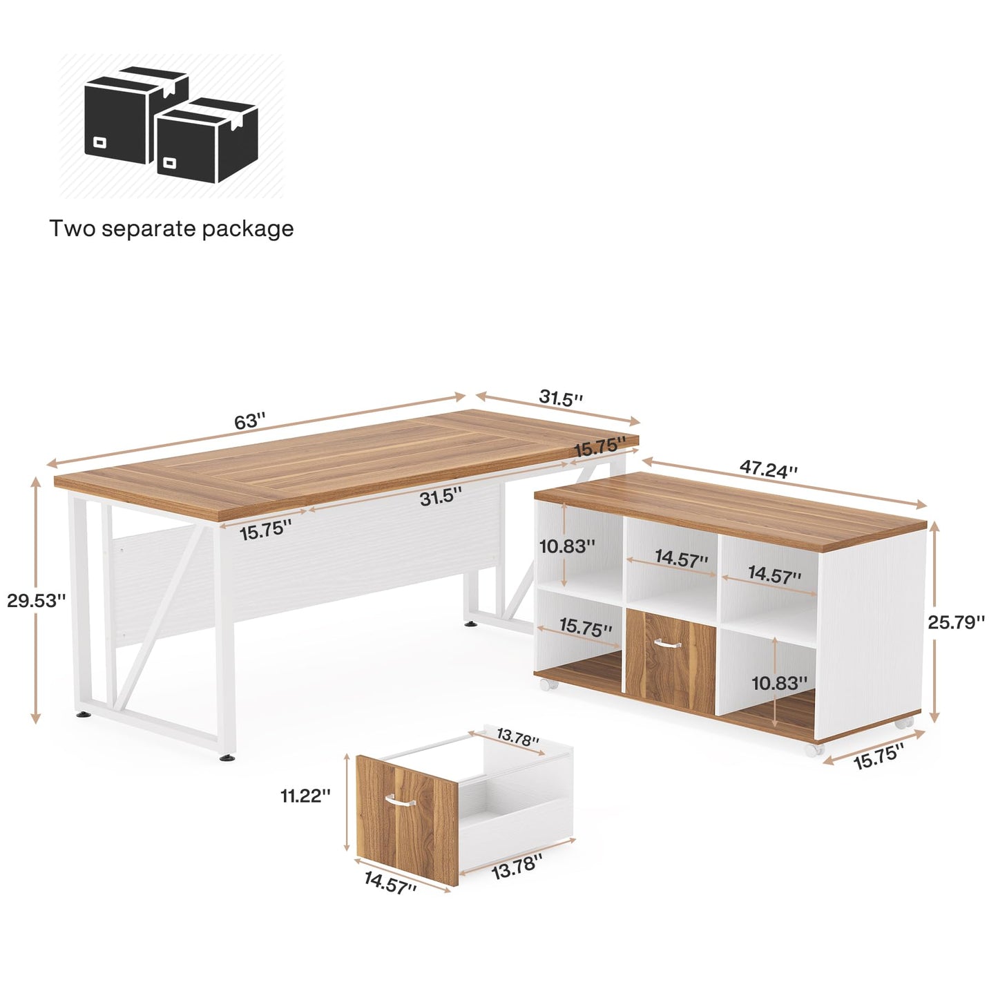 Tribesigns 63 inches Executive Desk and 47" lateral File Cabinet, L-Shaped Computer Desk Home Office Furniture Set with Drawers and Storage Shelves, Office Table with Cabinet (Walnut+White, 63)