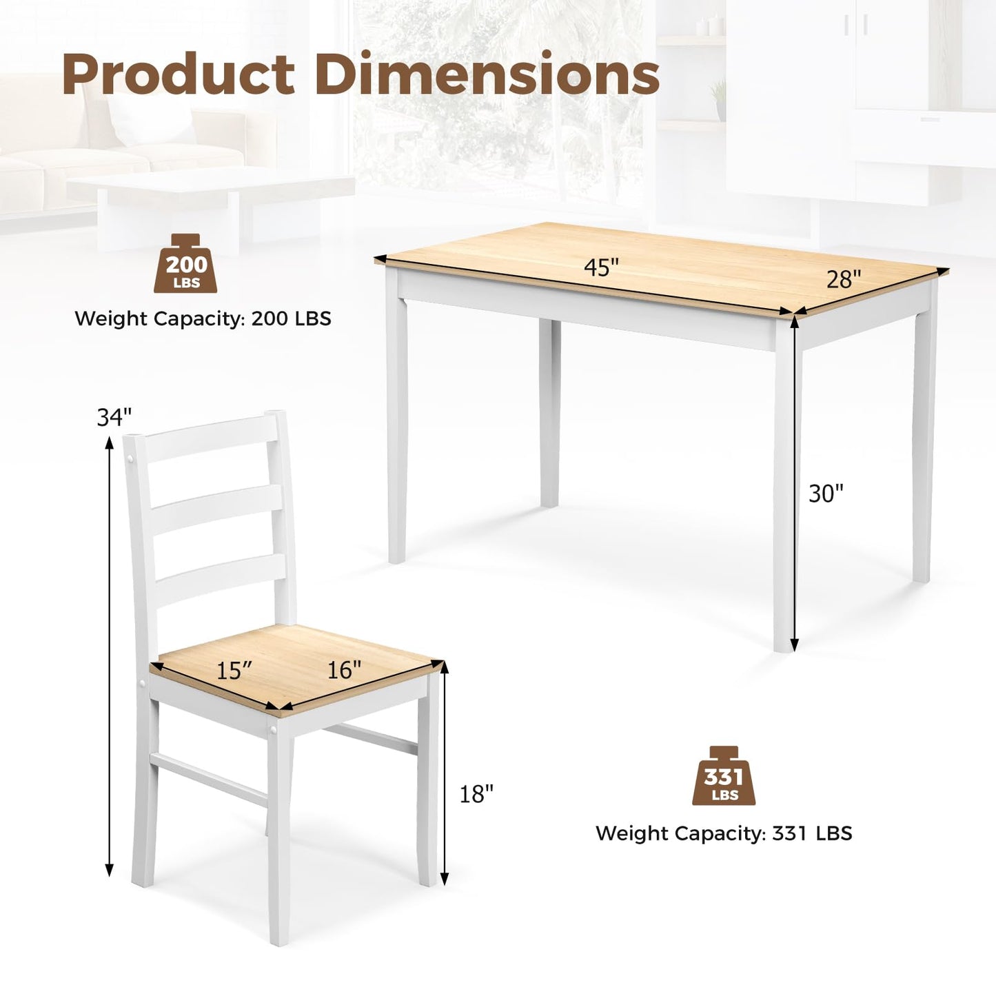 Tangkula Dining Table Set for 4, Solid Wood, Farmhouse Dinette Set w/Rubber Wood Legs, Compact Dining Table and Chairs Set for Kitchen, Dining Room (Natural+White)