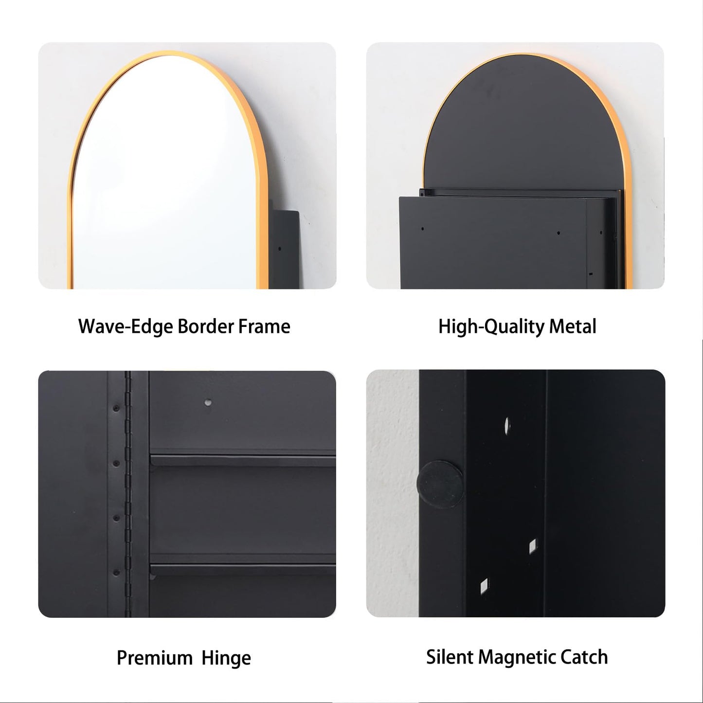 VIWILII Gold Metal Medicine Cabinet Arched-Design,Bathroom Mirror with Storage, Recessed or Surface Mounted, 2 Adjustable Metal Shelves (Brushed Gold, 24x32)