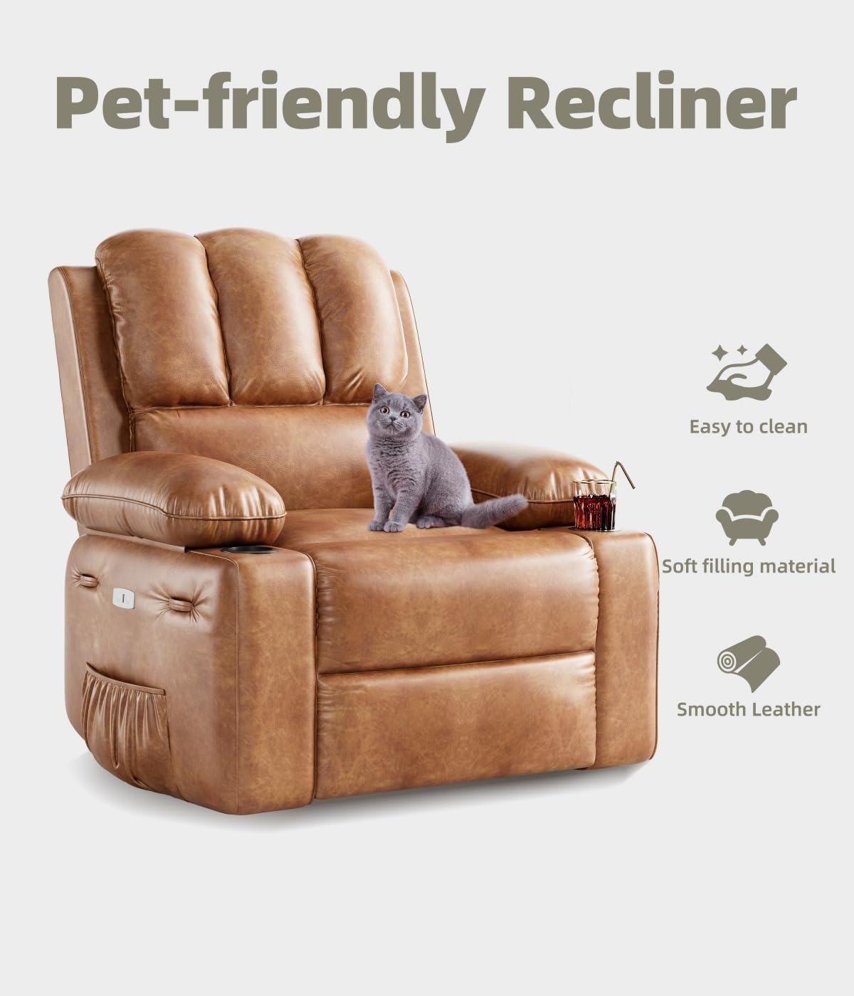 Garvee 27" Power Recliner Chair for Adults with Massage and Heat 360° Swivel Oversized Leather Recliner Chair Large Seat Width with USB Ports & Side Pockets for Living Room Bedroom, Two-Tone Retro