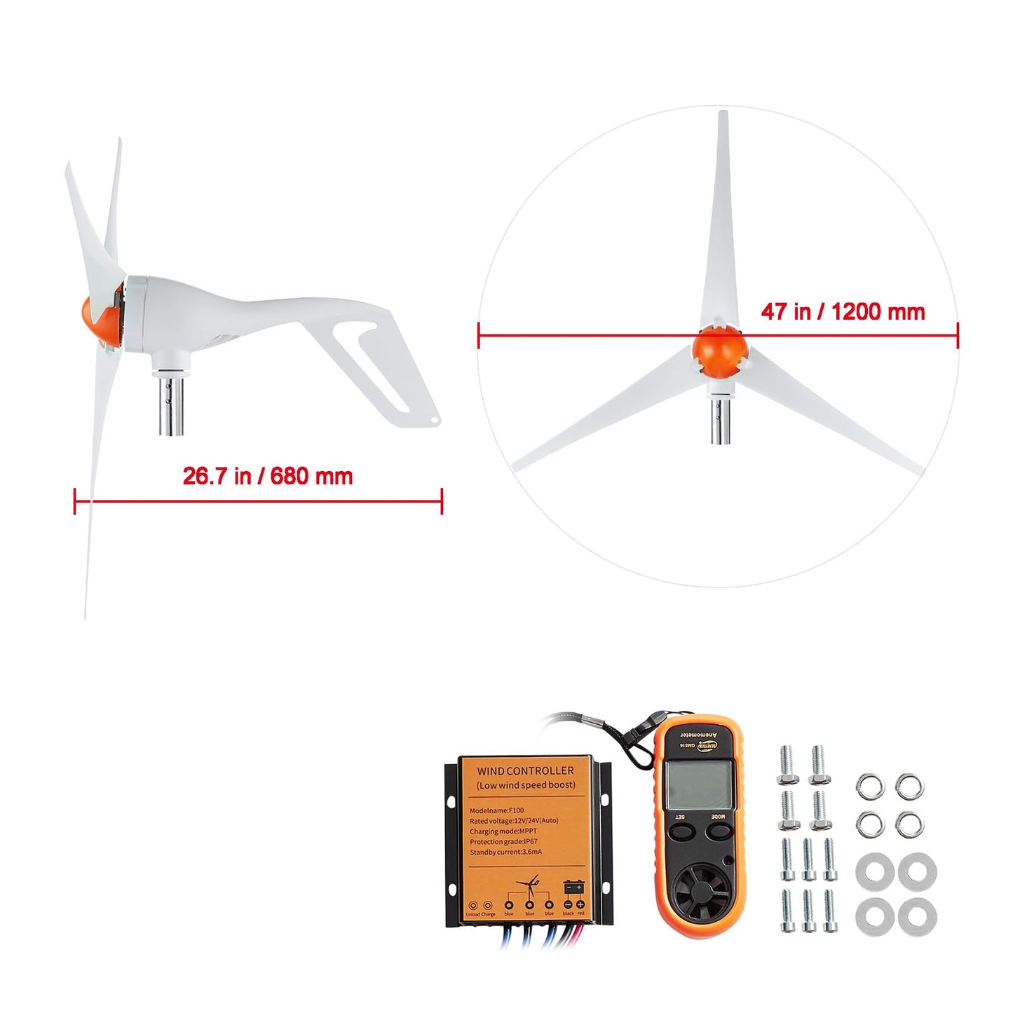 Happybuy 500W Wind Turbine Generator with Anemometer, 12V Wind Power Kit, 3-Blade Wind Generator, MPPT Controller & Adjustable Windward Direction, Ideal for Home, Farm, RVs, Boats