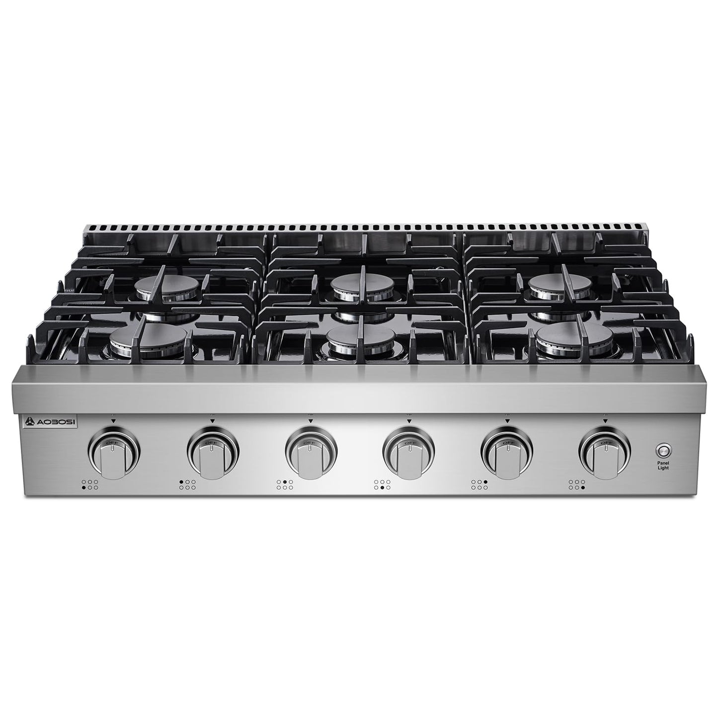 AAOBOSI 36-Inch Gas Cooktop with 6 Burners, 78,000 BTU Built-In Stainless Steel Rangetop, Freestanding Commercial Cooktop NG/LPG Convertible with Cast Iron Grates,Drip Pan and Panel Lights
