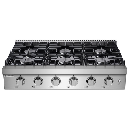 AAOBOSI 36-Inch Gas Cooktop with 6 Burners, 78,000 BTU Built-In Stainless Steel Rangetop, Freestanding Commercial Cooktop NG/LPG Convertible with Cast Iron Grates,Drip Pan and Panel Lights