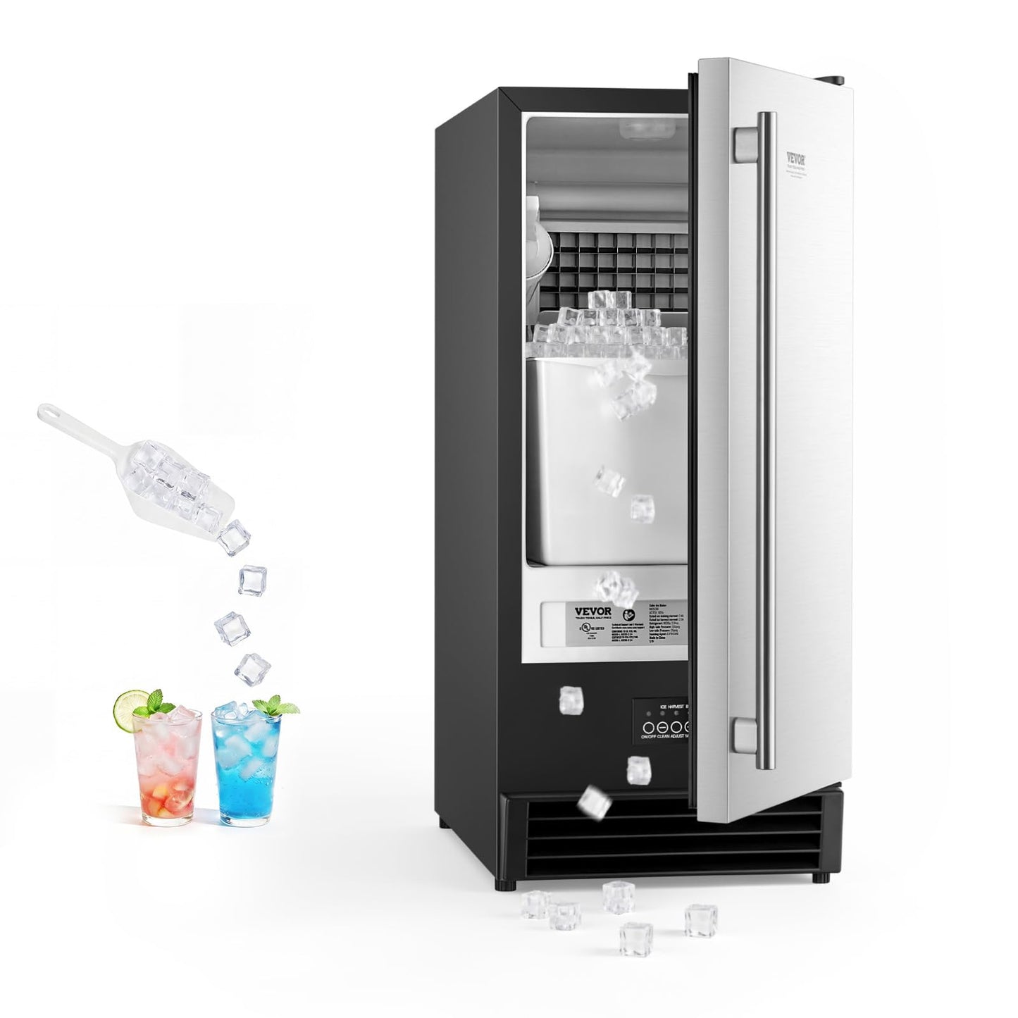 VEVOR Undercounter Built-in Ice Maker, 50 Lbs/Day Under Counter Ice Maker Machine with Drain Pump, Reversible Door, Stainless Steel Freestanding Ice Maker for Commercial Home Kitchen