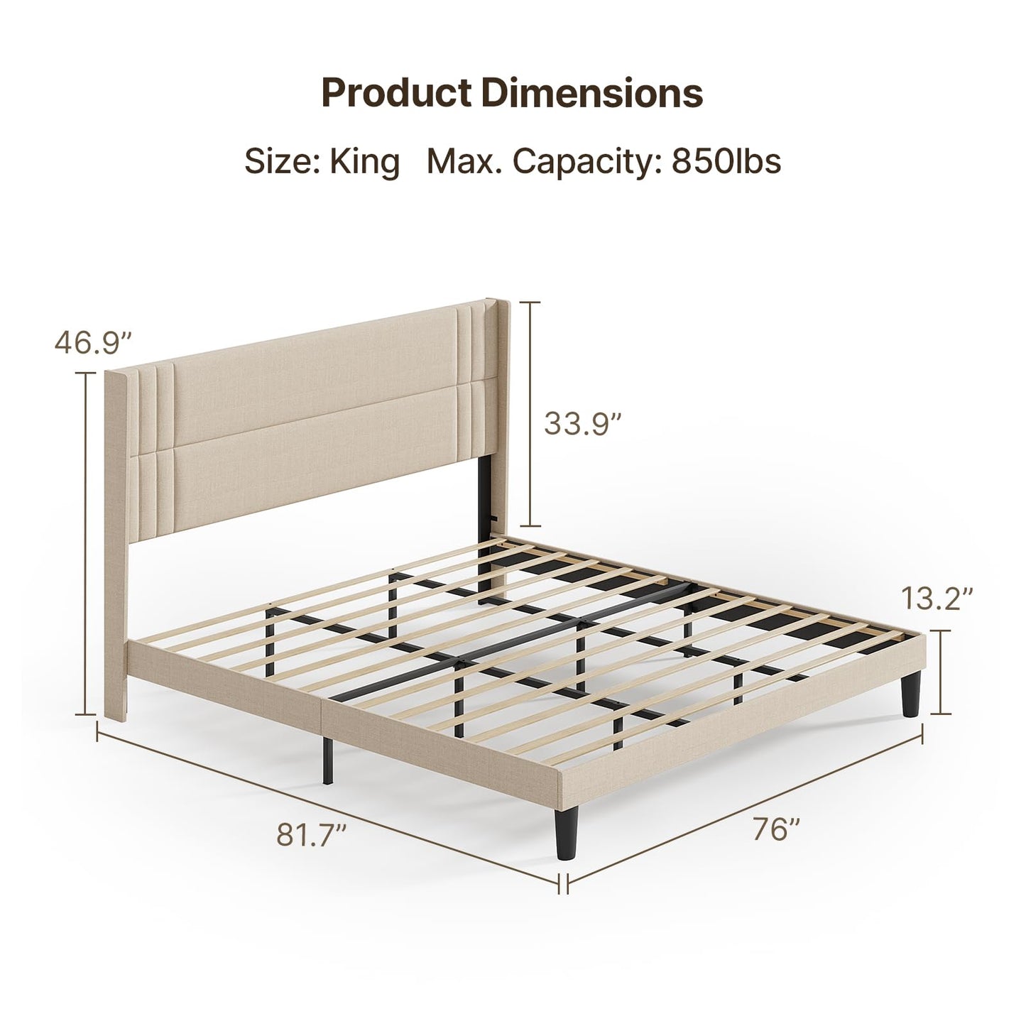 Gizoon King Bed Frame with Wingback Headboard, Upholstered Platform Bed with Modern Geometric Headboard, Wooden Slats, Noise-Free, No Box Spring Needed