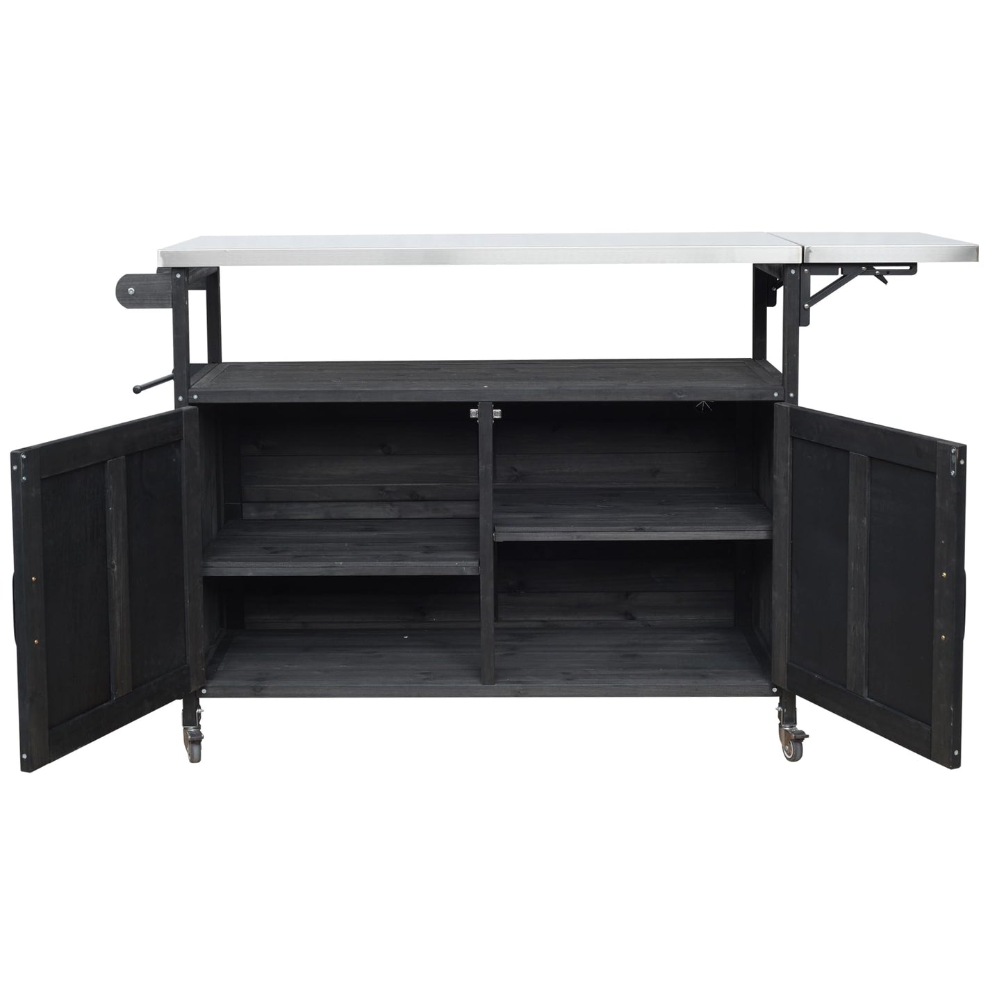 Outdoor Kitchen Island Cart with Foldable Stainless Steel Top, Rolling Grill Table with Adjustable Shelf Storage Spice Rack and Towel Holder, Wooden BBQ Prep Station with Lockable Wheels, Black