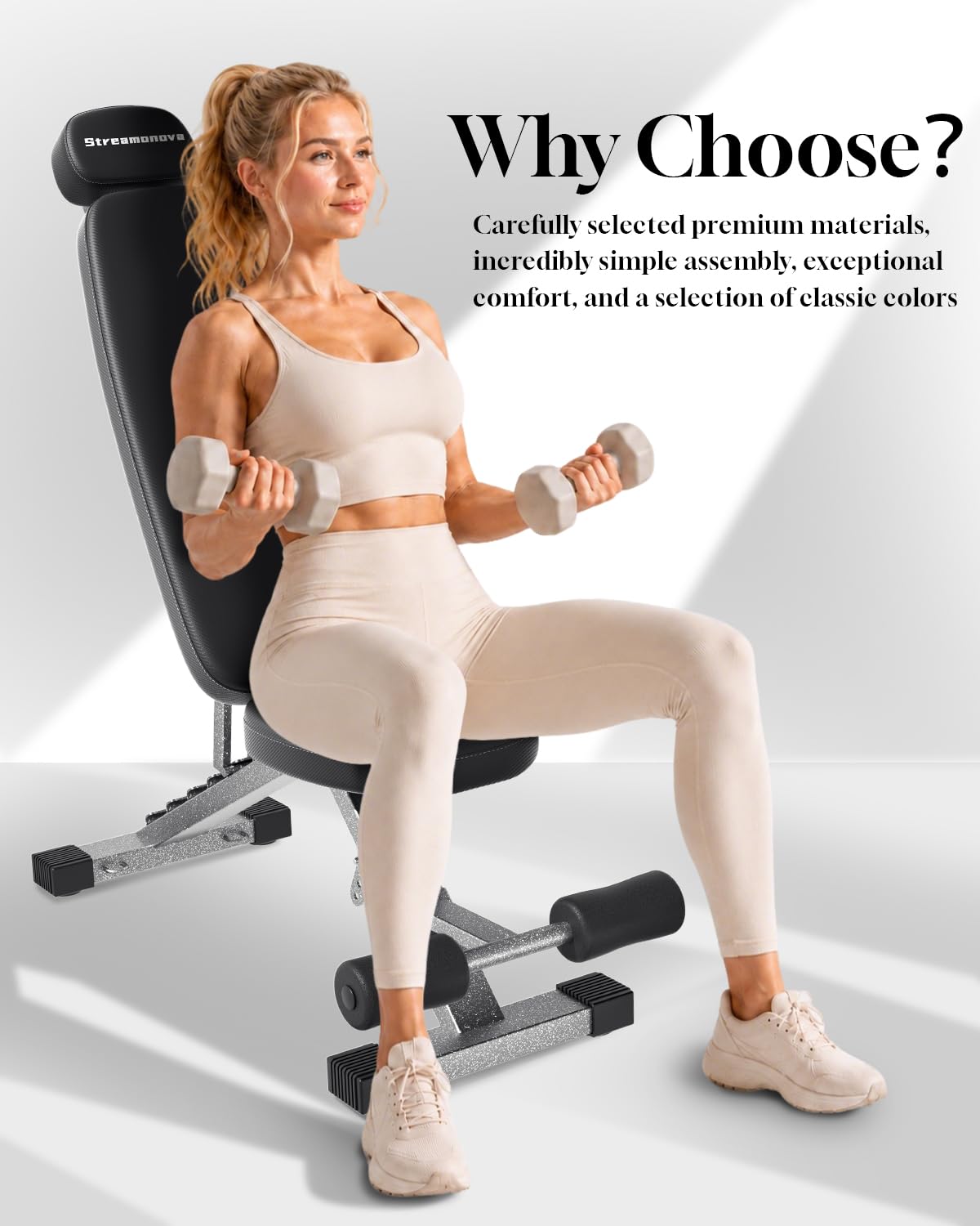 Streamnova Fitness Bench, Adjustable, Comfortable, Fashionable, Foldable and Extended Headrest with 192 Positions Incline Decline 900LBS Home Gym Bench for Strength Training