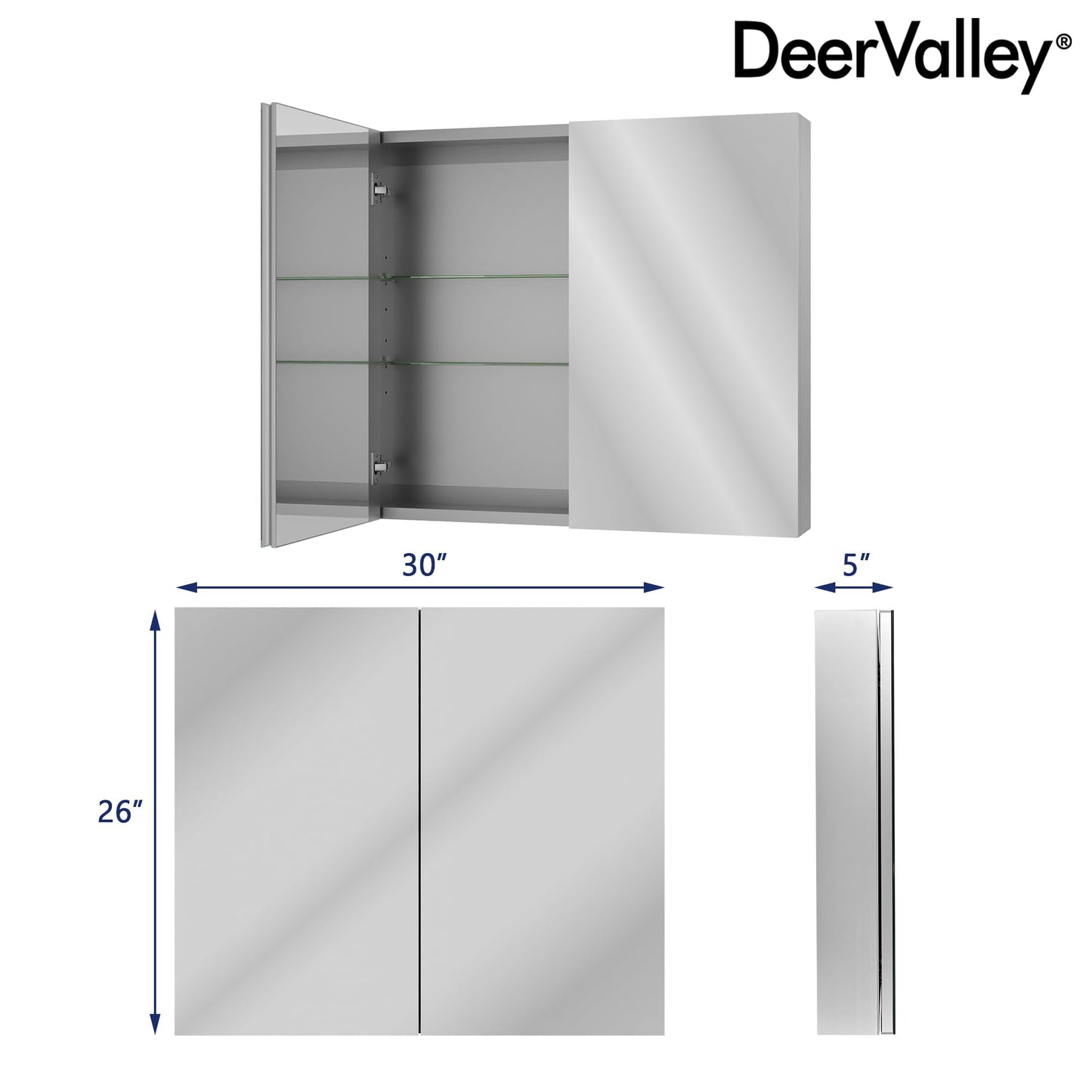 DeerValley Medicine Cabinet with Mirror, 30" W x 26" H Bathroom Mirror with Storage, Frameless Modern Wall Mount Mirrored Medicine Cabinets with Adjustable Shelf