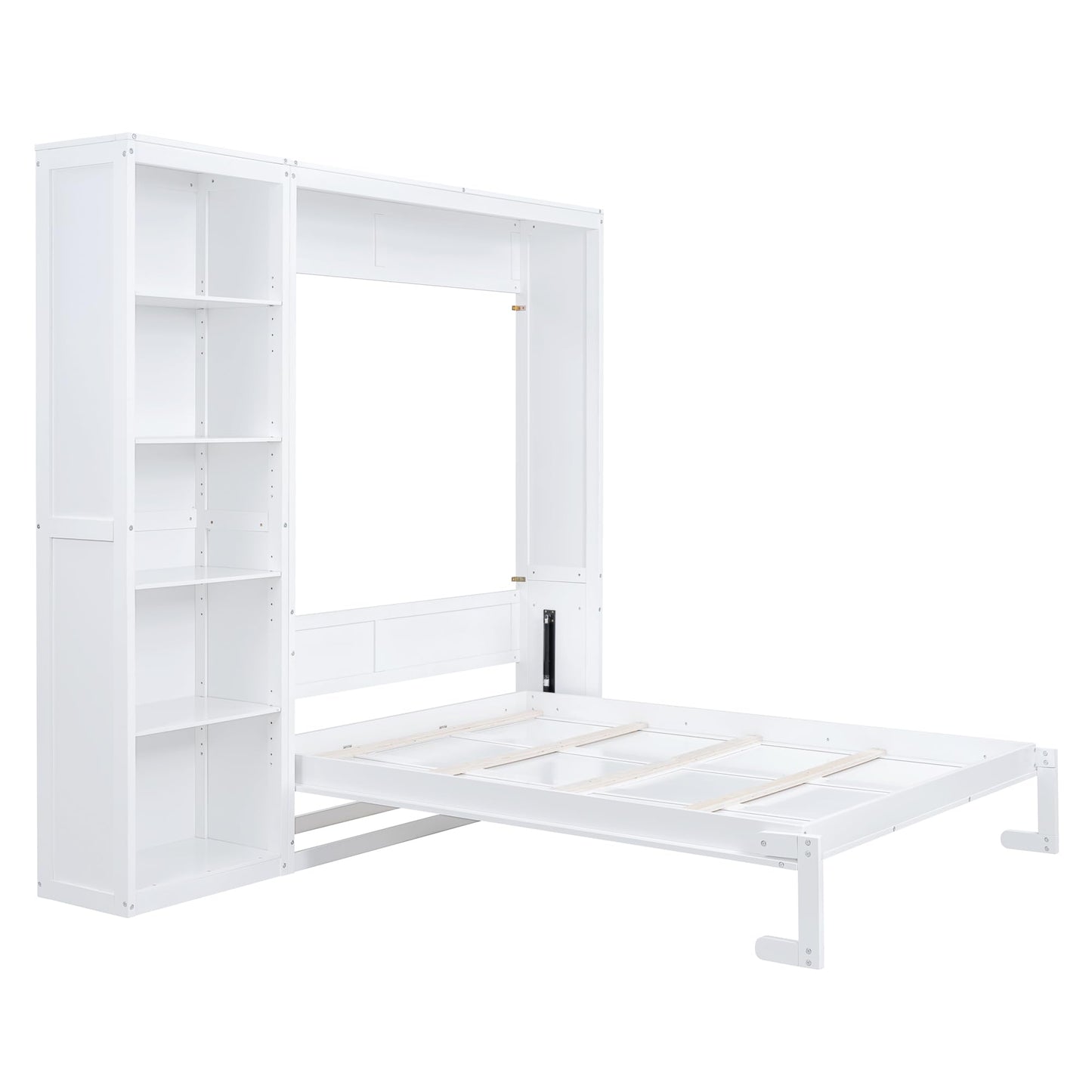Merax Space-Saving White Murphy Bed Queen Size with Adjustable Storage Shelves, Multifunctional Foldable Wall Bed for Small Spaces Studio Study Office Guest Room