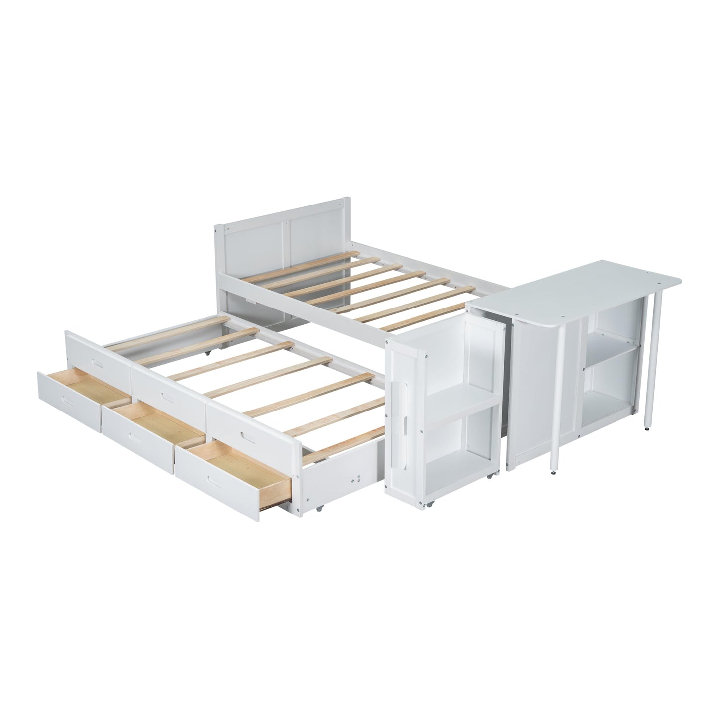 Merax Twin Size Platform Bed with Desk, Storage Shelf, 3 Drawers, Multifunctional Wood Bedframe with Trundle, No Box Spring Needed, Noise Free, White