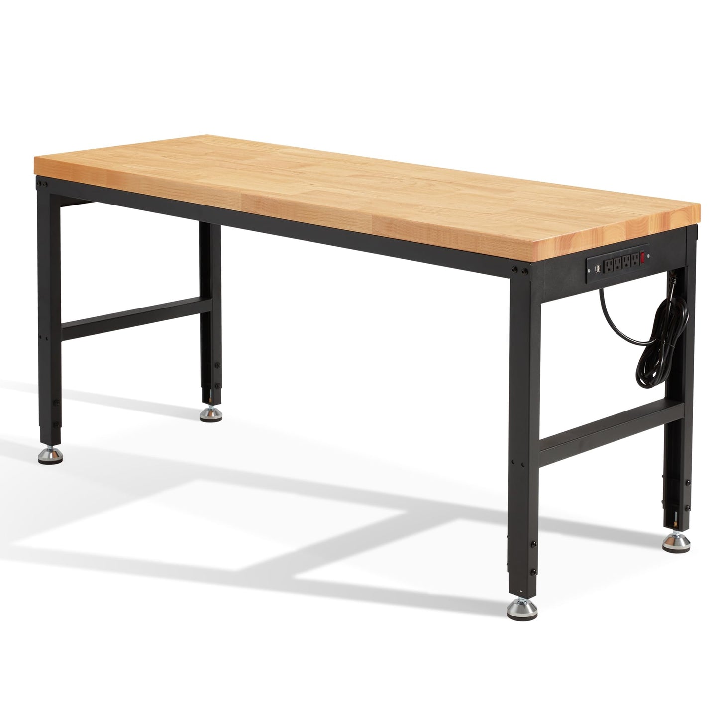 HABUTWAY Height Adjustable Workbench 60" 2000 Lbs Capacity Solid Wood Work Station Heavy-Duty Work Tables with Power Outlets for Garage Party Shop Office