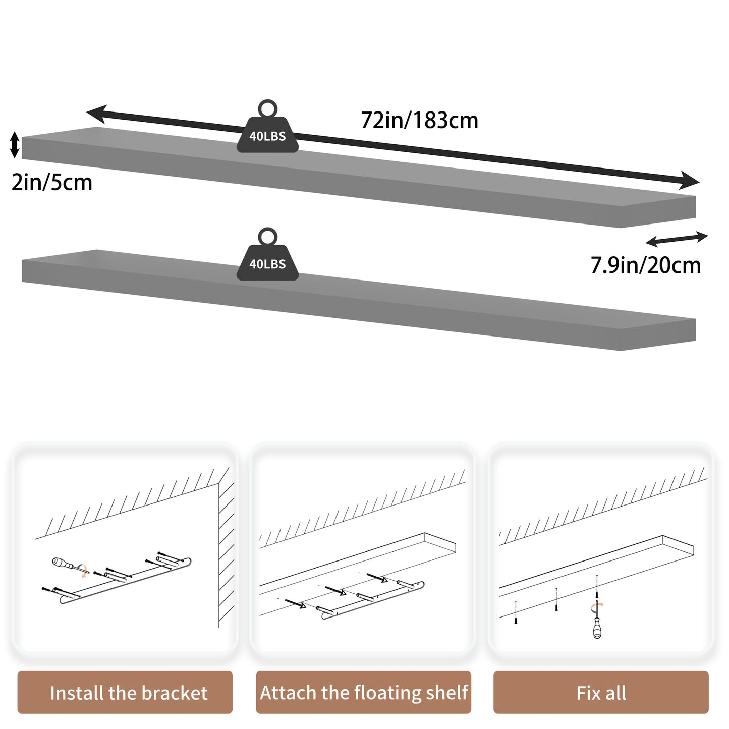 ONOTETUT 72 inch Long Floating Shelves for Wall,Solid Wood Long Shelves Set of 2,Grey Rustic Wall Mounted Shelves Large Bookshelf (Grey, 72 Inch)