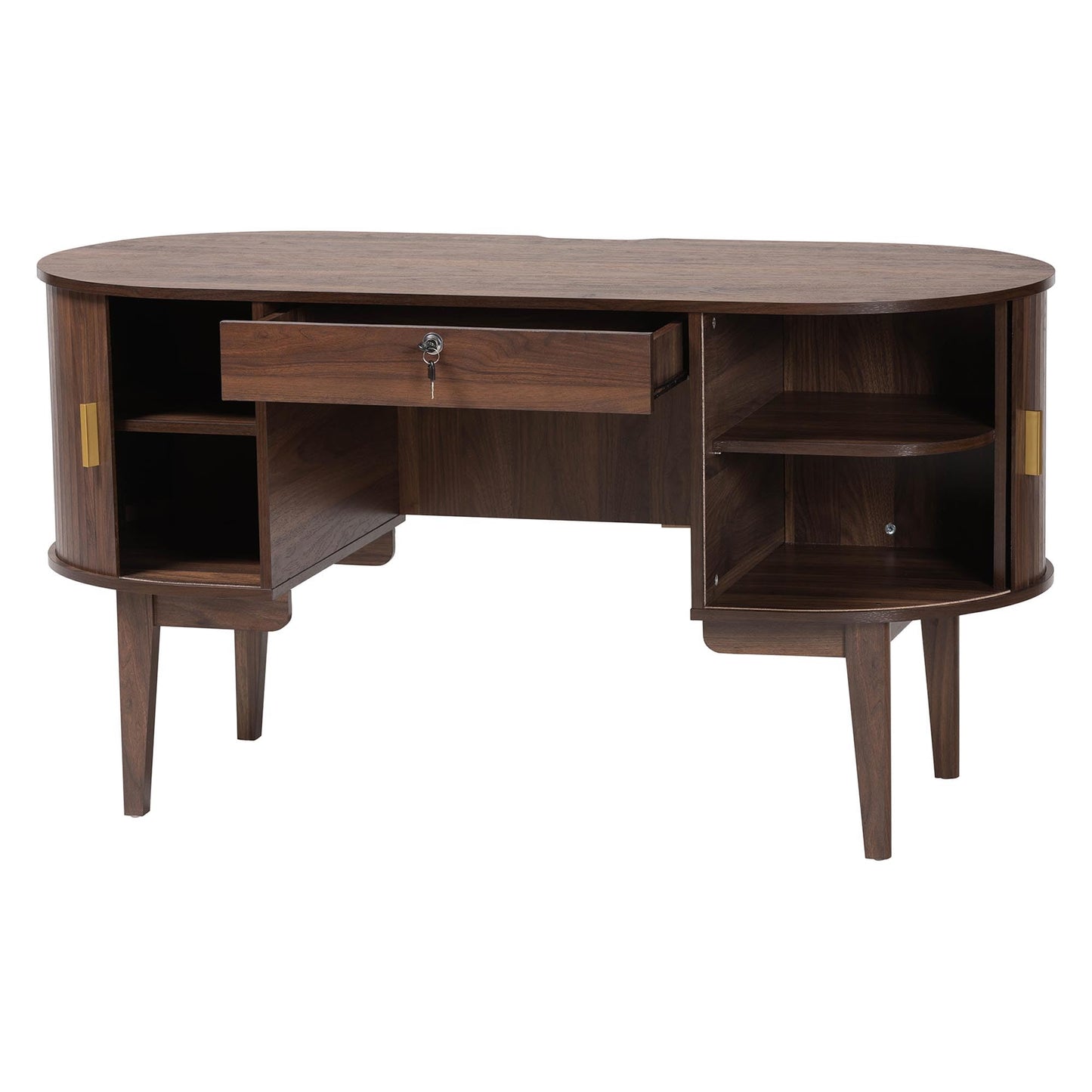 Baxton Studio Hayes Wood Writing Desk - Mid-Century Modern Oval Desk with Locking Drawer and Sliding Tambour Doors for Office or Home
