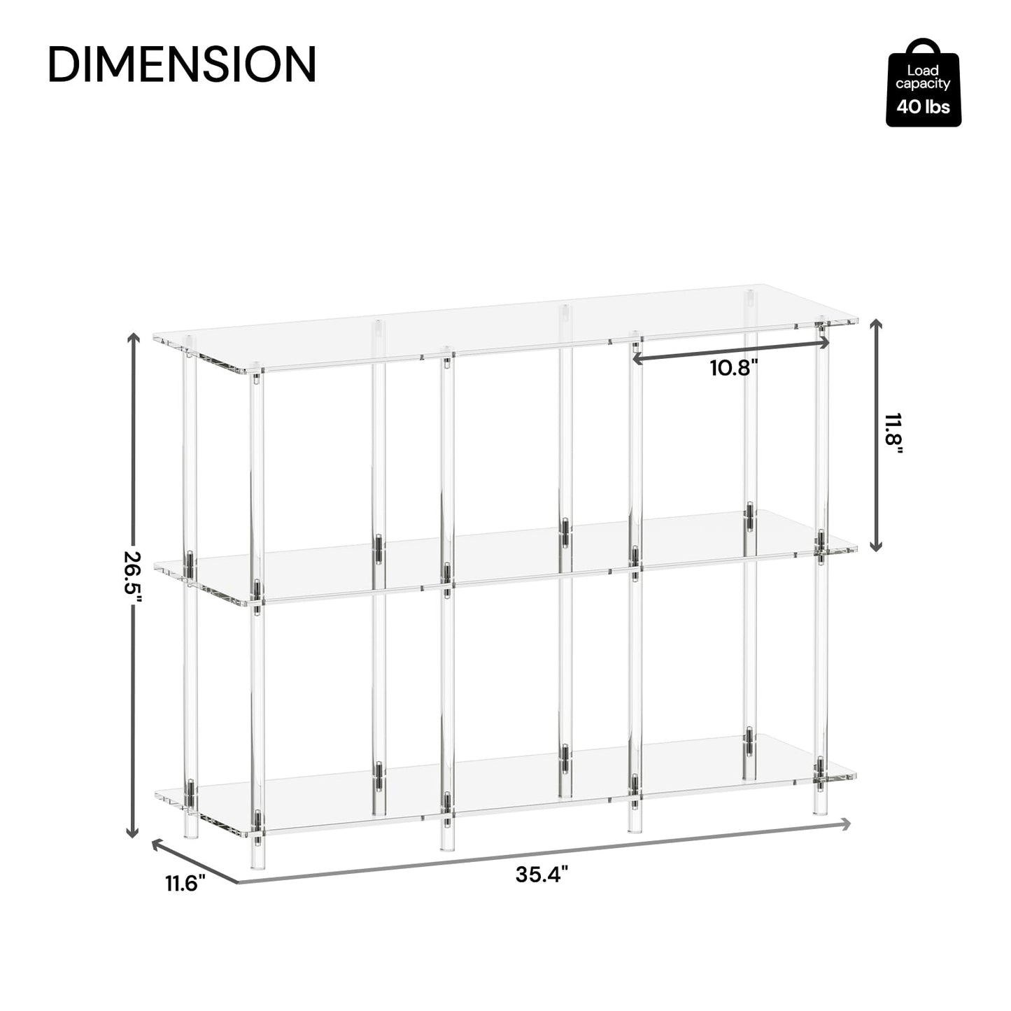 CRTERICX Acrylic Horizontal Bookshelf, 11.6" D x 35.4" W x 26.5" H, 3-Tier Clear 6 Cube Organizer Bookcase, Open Low Book Shelf for Home Office, Living Room, Bedroom, Modern, Easy Assembly