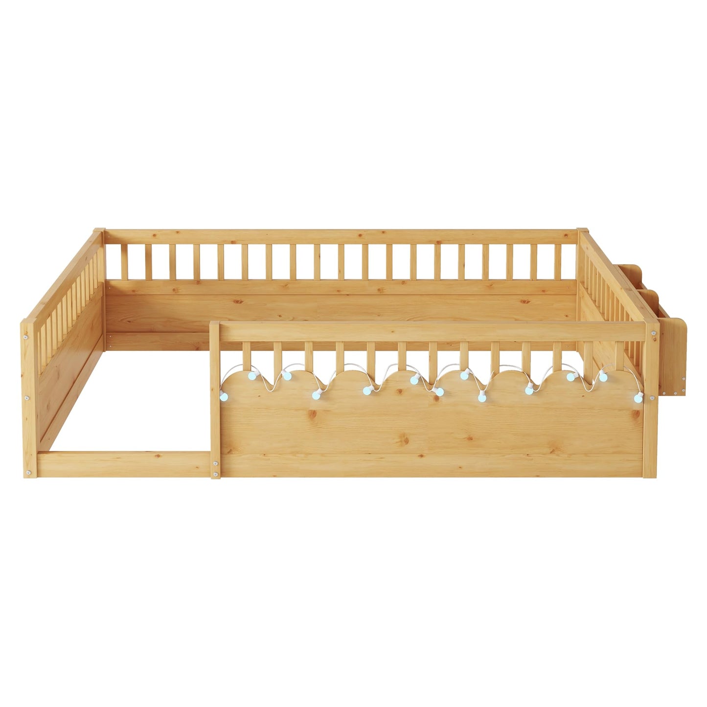 KEIKI Full Size Floor Bed w/Light & Storage, Wood Montessori Platform Bed Frame w/Safety Rails, Space Saving Kids Beds for Boys Girls Bedroom Playing Room, Easy Assembly Bedframe, Noise Free, Brown