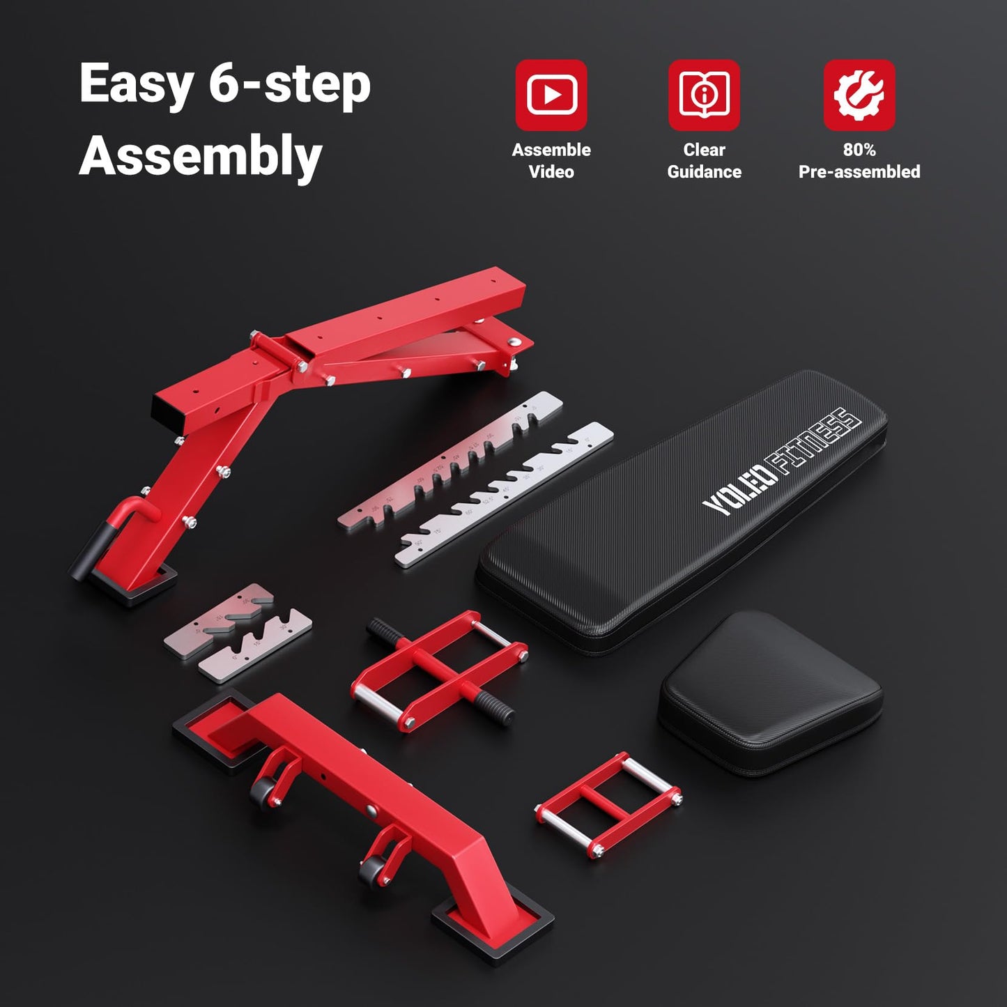 YOLEO Commercial Adjustable Weight Bench - Heavy Duty Workout Bench for Home Gym, Decline/Flat/Incline Bench Press 2.4" Thick Pad(6-Step Assembly) (80% Pre-assemble)