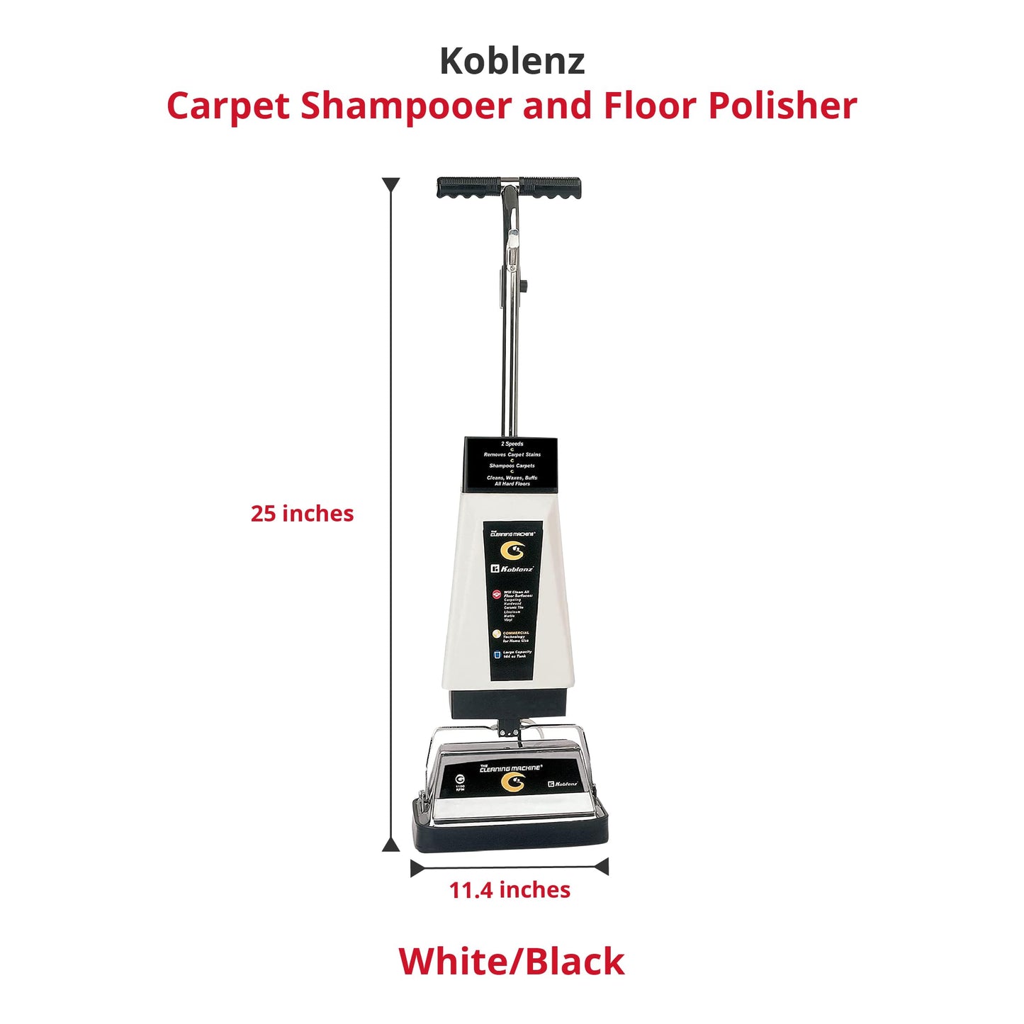 Koblenz P-2600A Carpet Shampooer Machine, 12 in Floor Polisher, Electric Floor Scrubber, 144 oz Tank, Twin Brushes, Scrubbing and Polishing Pads, Commercial Carpet Cleaner, White/Black