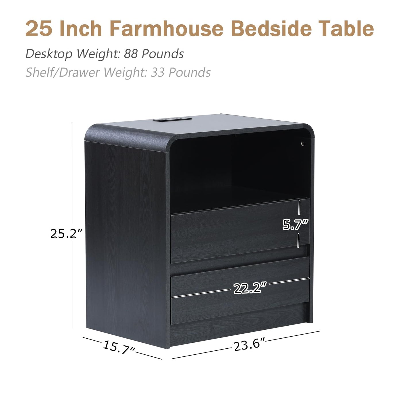 HtThalamic Modern Nightstands Set of 2, Black Night Stand with Charging Station, Wood End Table with 2 Drawers, 23.6'' Wide Bedside Cabinet for Bedroom